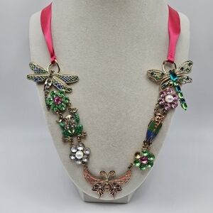 VINTAGE Ornate Rhinestone Dragonfly Cicada Butterfly Ribbon Statement Necklace